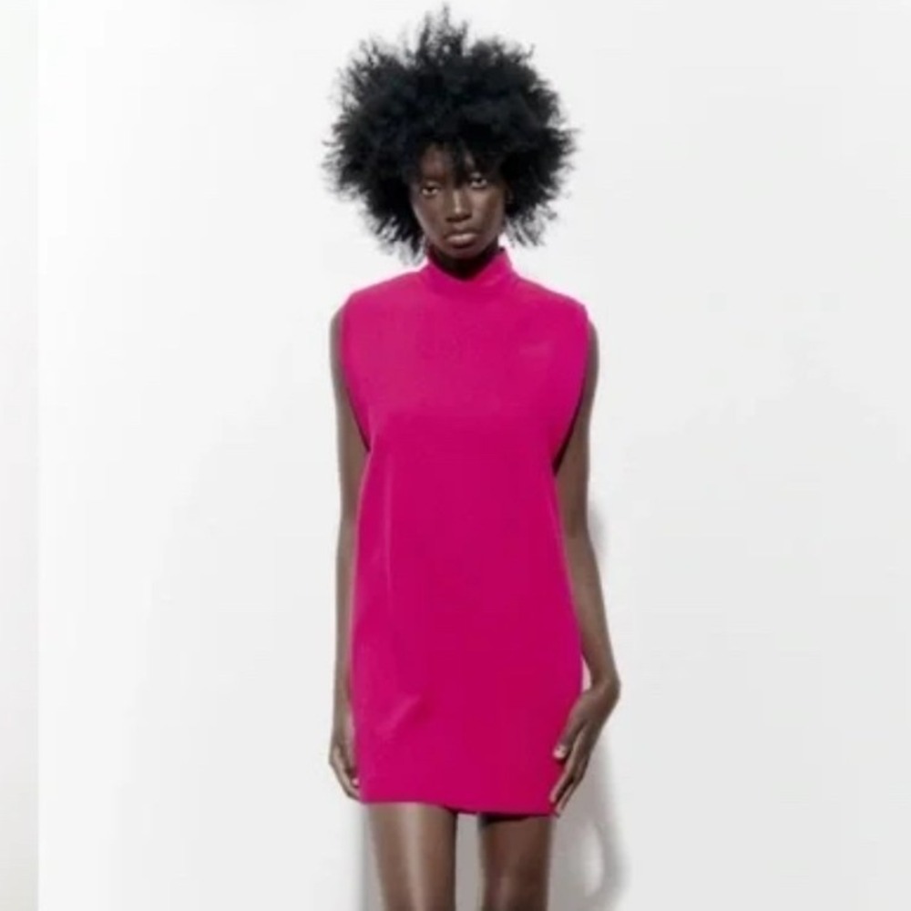 Zara Shoulder Pad Mini Dress Neon‎ Fuchsia Pink Mock Neck Size Medium